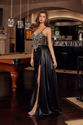 Rhinestone Embellished Bodice Heatstone Stretch Satin Fabric Gown NXC1852