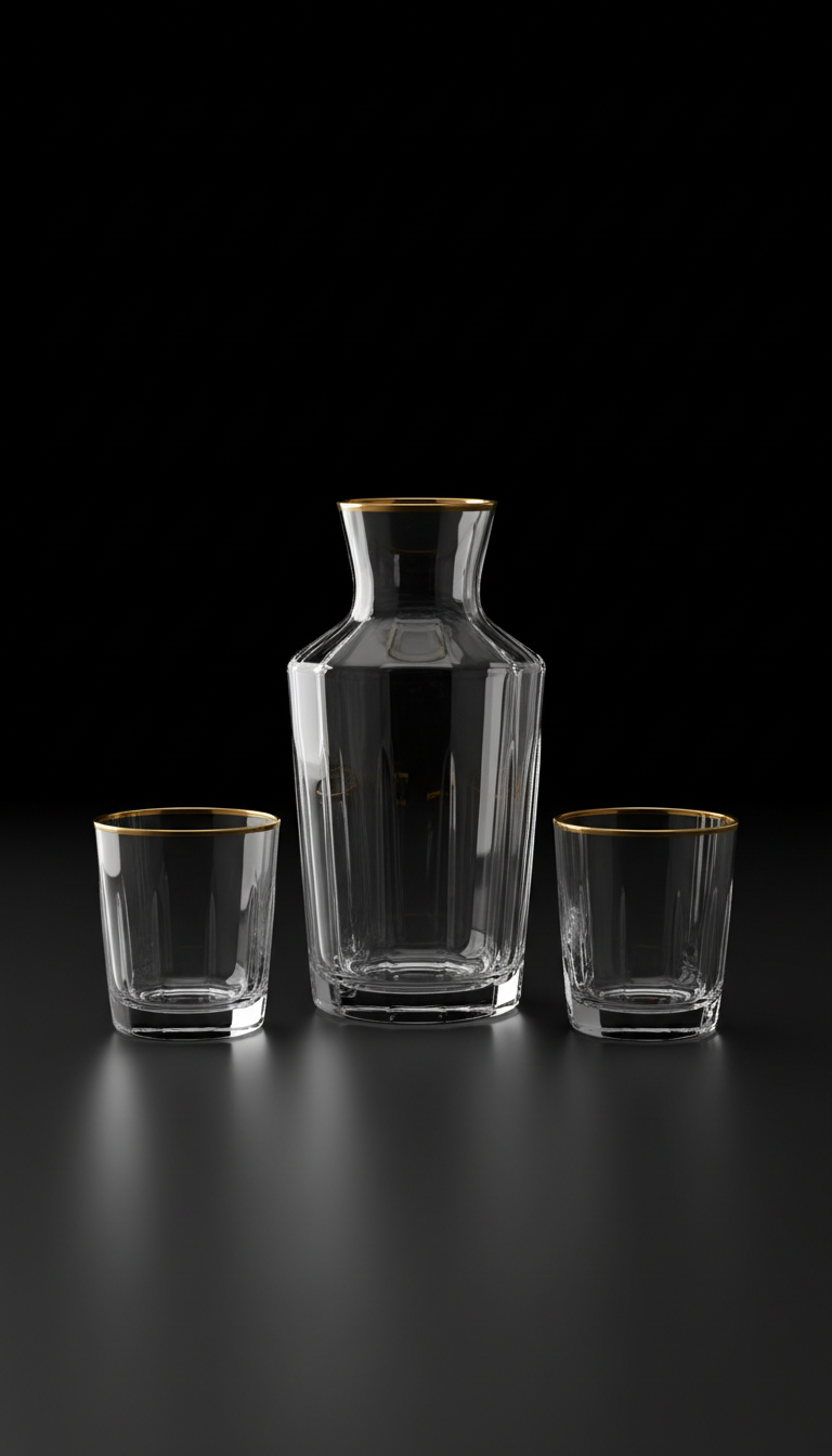 Crystal glass carafe set gold rim detail