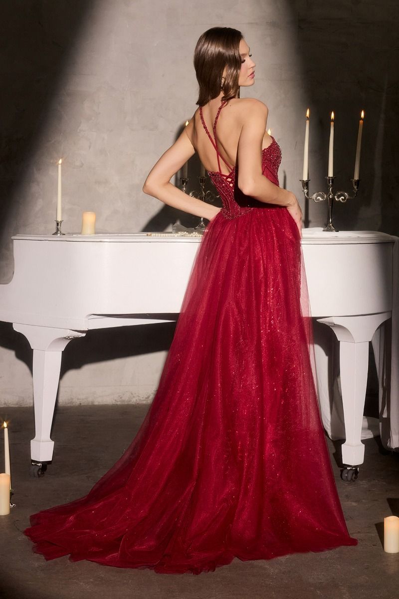 Sleeveless Sheath Fashion Forward Gown w/ Halter Neckline & Functional Lace Up Back CDCC495